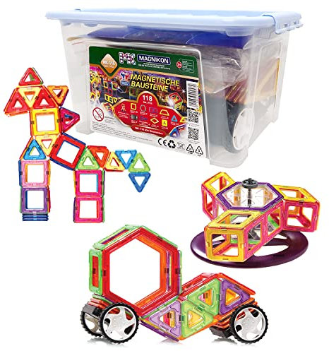 MAGNIKON Magnetische Bausteine Der Baumeister, Magnetbau-Set 118-teilig - Montessori Spielzeug ab 3 Jahre, Magnetbausteine, ideal als Konstruktionsspielzeug zur Förderung von Kreativität und Motorik