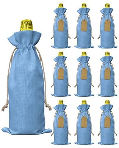 Linen Wine Gift Bag Baby Blue Wine Bottle Covers Wrapping Bags With Drawstring for Wedding Birthday Party 10 Pieces