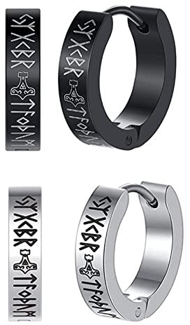 Aroncent Ohrringe Wikinger Creolen Ohrstecker: 2 Paar Herren Damen Edelstahl Schwarz Silber Punk Rund Ohrringe Set Vikings Ohrstecker Ohrschmuck Geschenk für Männer Frauen Unisex