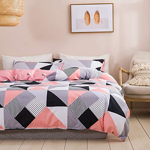WUMIUER Geometrische Bettwäsche 135x200 Set 2 Teilig - Rosa Schwarz Grau Karo Dreieck Muster Wendebettwäsche, 1 Bettbezug 135x200cm und 1 Kissenbezug 80x80cm aus Leicht Weich Mikrofaser