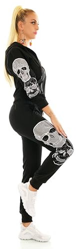 TA Fashion Damen Jogginganzug 2-Teiler Sport Fitness Freizeit Jacke und Hose Strass Nieten Skull Kapuze (DE/NL/SE/PL, Alphanumerisch, S, M, Regular, Regular, Schwarz-7072)