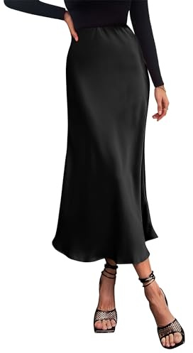 PRETTYGARDEN Women's Satin Skirts Dressy Casual 2025 Fall High Waisted Cocktail Wedding Flowy Elegant A Line Midi Skirt (Black,Medium)