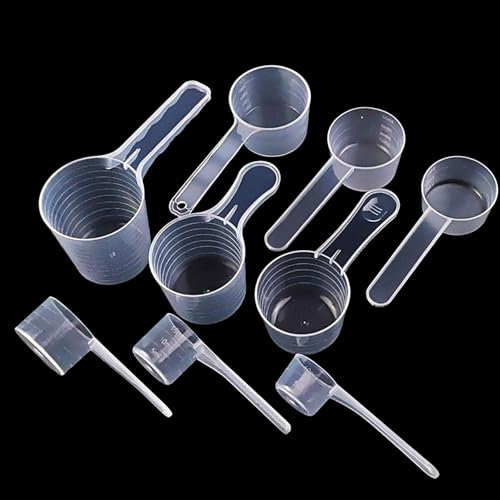 9 Stück Messlöffel, 10/15/20/30/40/50/60/70/100ml 5g transparenter Löffel mit Skala Linie, flüssiger Messbecher Löffel, Dosier-löffel mit Skala für Backmessen und Flüssigkeit