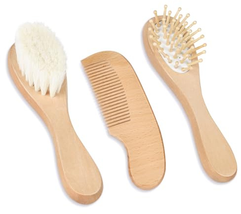 Aolso Juego de 3 cepillos para el Pelo de Bebé y Peine, Cepillo para Bebé con Cerdas Suaves de Cabra, Cepillo para el Cabello Fino del Bebé, Cepillos de Madera y Peine para Bebés Recién Nacidos, Niños