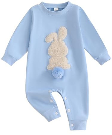 ZZLBUF Nyfödd spädbarn flicka pojke påsk kläder kanin broderi långärmad sparkdräkt overaller bodysuit kläder set, BLÅ, 12-18 månader