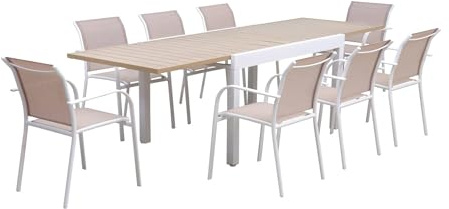 sweeek - Tavolo da giardino allungabile in alluminio + 8 sedute in alluminio e textilene. Bianco. 270 x 90 x 75 cm