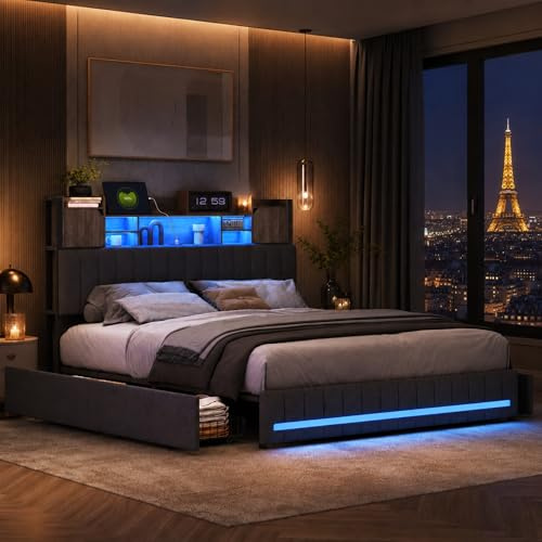 LIVLUX Cama de 140 x 190 cm con somier LED y USB, cama doble acolchada con somier de láminas y 4 cajones, cabecero con almacenamiento, 2 personas para adultos y adolescentes, lino (gris, 140 x 190 cm)