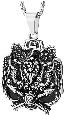 COOLSTEELANDBEYOND Hombre Heráldico Escudo Colgante Collar Acero Dobles Cabeza águila con León, Medieval Guerrero Biker