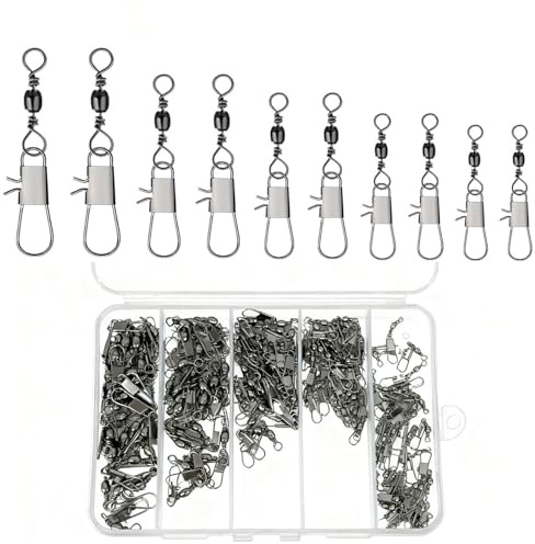 Xynovate 150 Pezzi Girelle Pesca Trote, Anelli Solidi con Moschettone per Connettori Clip Girevoli, Girelle Canna da Pesca per Esche da Pesce, Accessori da Pesca, 5 Dimensioni 7# 8# 10# 12# 14#