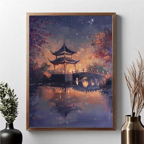 Landscape Diamond Painting Kits for Adults, Diamond Art Pavilion Pattern with Full Kit Accessories, 5D Round Full Drill Gem Art Paintings for Adults Beginners, Home Wall Decor, Gifts 30x40cm JPF M-G