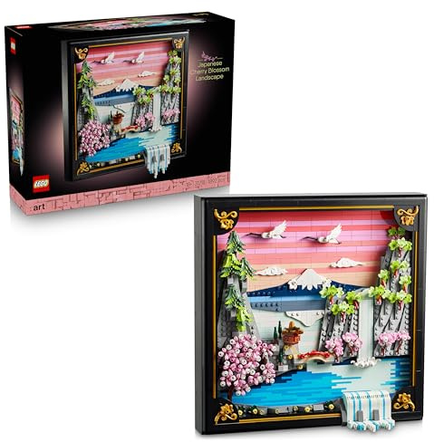 LEGO Art Japanese Cherry Blossom Landscape - DIY Miniature Model Kit for Adults - 3D Wall Art in Shadow Box Frame w/Mount Fuji, Sakura & Textured Waterfall - Gift Idea - 31218