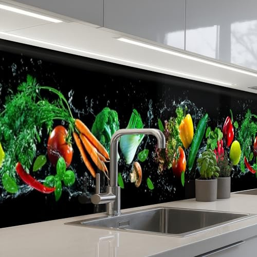 KitchenYeah© Küchenrückwand Selbstklebend 60x500 cm Küchenspritzschutz Rückwand Wandschutz Ohne Bohren Spritzschutz Wand Wandverkleidung Gemüse - Spritzer - Schwarz