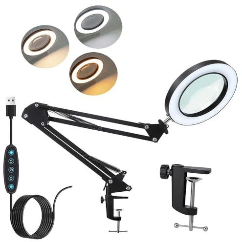 Hög förstoringsglas med ljus, skrivbord med LED-förstoringsglas, med trefärgsjusteringsläge, 10 justerbara ljusstyrkenivåer, perfekt för hobby, hantverk, läsning och nära arbete.