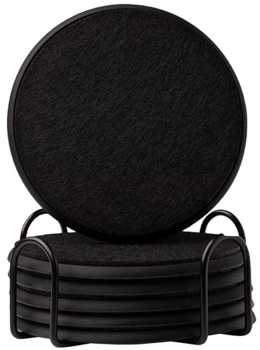 Skdqiee 6 Pcs Black Coasters with Holder Set, Absorbent Coasters for Drinks, Felt Coasters with Non-Slip Silicone Metal Holder for Storage, 4.7 in