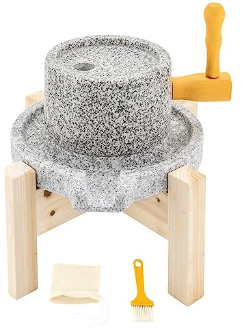 Stone Grain Mill Grinder, 1.6-2In Grinding Groove Diameter Natural Granite Stone Grain Mill Traditional Manual Grinding Tool Stone Grainer Mill with Wooden Frame for Seeds Nuts Corn Green Bean Barley