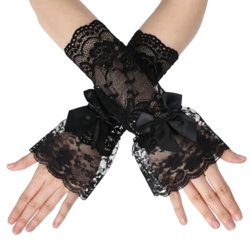 Sorcristy Women White Ruffle Bow Lace Gloves Fingerless Hand Elastic Sleeve | Mid Elbow White Floral Hand Sleeve for Halloween Wedding Tea Party Cosplay Gothic Opera Prom