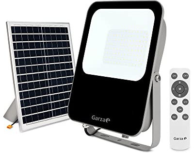 Garza - Foco Solar LED para exterior, 60 W, con mando a distancia, luz fría 6500K regulable, programable, IP65 impermeable, cable de 4.7 m