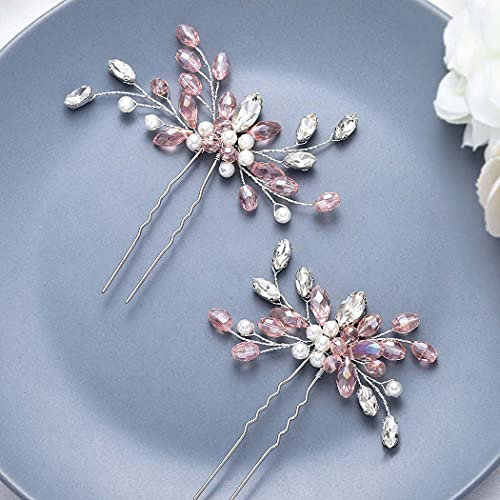 Unicra Haarnadel mit Strass und rosafarbenen Kristallen für die Braut, Hochzeitshaarschmuck für Damen und Mädchen, silberfarben, 2 Stück