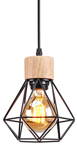 TOKIUS Pendelleuchte Vintage Industrial 16CM Hängelampe Geometrischem Design E27 Lampe aus Holz Eisen Käfig Lampenschirm Schwarz Hängeleuchte mit 150cm Draht für Esstisch Küche (Pendellampe 1-flammig)