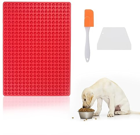 GOTFUN 468 håls bakmatta för hundkex, (1,2 cm) mini halvklot hundkex bakform, återanvändbar bakform för hundgodis, bakning form för hundgodis med degspatel, BPA-fri (röd)