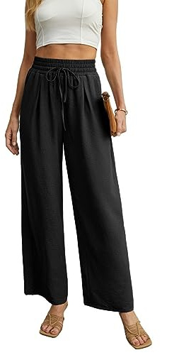 QIXING Weite Hosen Damen High Waist Palazzo Hose Gerade mit Taschen Yoga Stoffhose Damen Elegant Sommer Damenhose mit Gummizug (Schwarz, S)