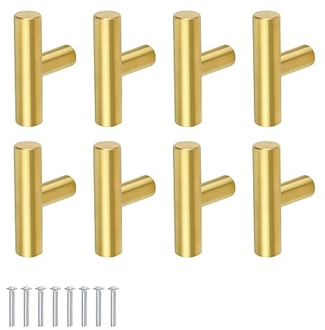 JANDH Poignées de Meuble en Forme de T Dorées, 8 Pièces, Acier Inoxydable, Pour Tiroirs, Meubles, Armoires, Garde-robe