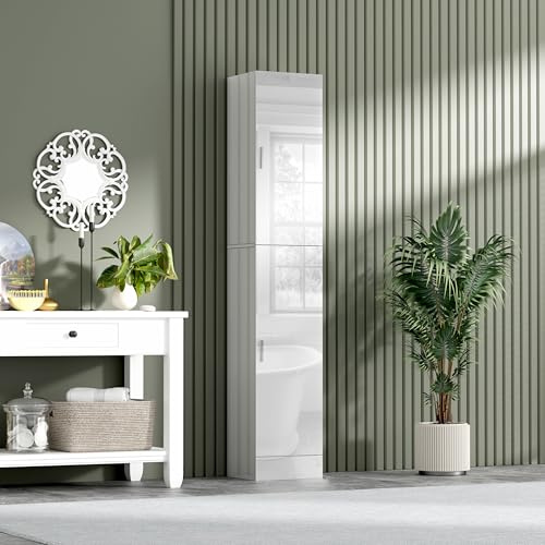 BSTSEL 190cm White High Gloss Tall Bathroom Cabinet Free Standing Storage Cupboard Tallboy with Handles Left and Right Doors Opening High Gloss Storage Cupboard with Adjustable Shelves