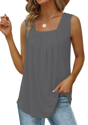 Cuptacc Camiseta de tirantes para mujer Cuello cuadrado Tendencia Camiseta sin mangas Elegante Top de verano para mujer Cuello cuadrado con pliegues Ajuste holgado, gris, XXL