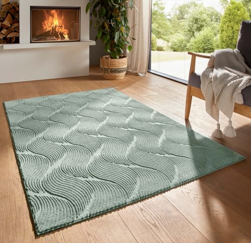 Taracarpet Kurzflor Boho Skandi Polyester Teppich in 3D Optik waschbar, pflegeleicht und robust ideal fürs Wohnzimmer, Schlafzimmer und Kinderzimmer auch als Badematte Grün Düne 160x230 cm