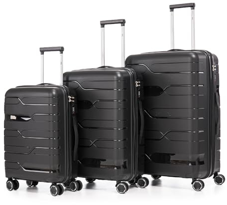 1990s Juego de Maletas expandibles Polipropileno 3 Piezas|Maleta Cabina 55x38x22cm|Mediana expandible 65cm|Grande Extensible 75cm (Negro)