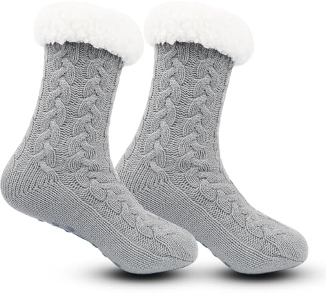 FOSDICK Toffelstrumpor för kvinnor, fluffiga strumpor, halkfria, tjocka mysiga sängstrumpor, vinter termisk stuga mjuka luddiga strumpor, julstrumpor, hemgrepp strumpor för kvinnor och flickor (grå),