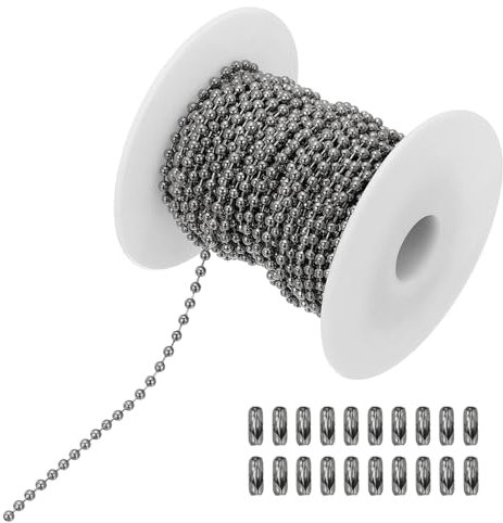 PATIKIL 10m/32.8ft Catena a Sfera con Perline, Catena di Trazione in Acciaio Inossidabile da 2.4mm con 20 Connettori per Catena di Etichette, Anelli Portachiavi, Argento Scuro
