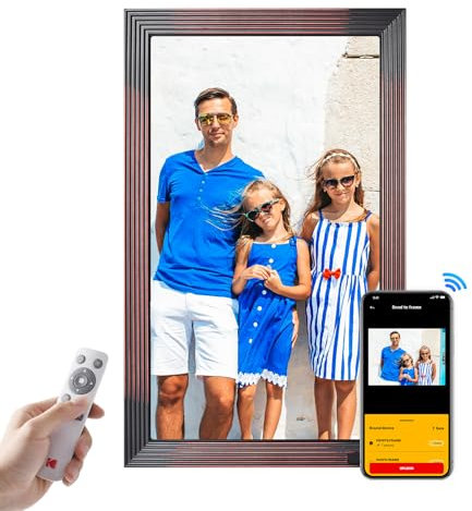 KODAK Digitaler Bilderrahmen 21.5 Zoll, WLAN Digitale Bilderrahmen Groß mit 32GB Speicher, FHD Hölz Elektrischer Fotorahmen mit App, Fernfreigabe von Fotos und Videos, Bewegungssensor, Auto-Rotation