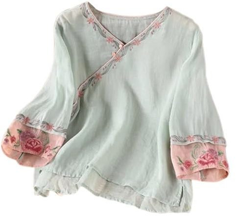 Women's Linen Bohemian Style Gauze Shirt Tops Boho Peasant Vintage Floral Embroidered Blouses Spring Indian Ruffle Tunic for Older Women Sheer Short Sleeve Loose Lace Cute Womens Green
