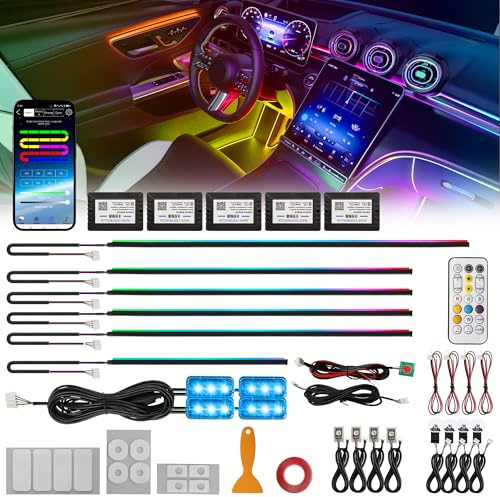 Defvnsy 18 in 1 RGB LED Auto Innenbeleuchtung 64 Farben mit APP-Steuerung, 12V Acryl-Lichtleiter, Musik-sync, IP65 Wasserfest Ambientebeleuchtung, Auto Zubehör für PKW Camper LKW