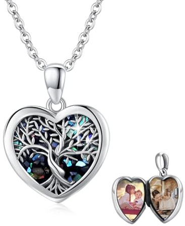 JFASHOP Collier avec pendentif arbre de vie en argent sterling avec pendentif en forme de cœur et abalone pour femme - Bijoux photo - Médaillon pour femme