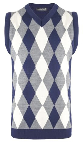 Men Knitted Vest Tank Top Jacquard Argyle Sleeveless Sweater Pullover Jumper V-Neck Slim Fit[Navy-Stone,L ]