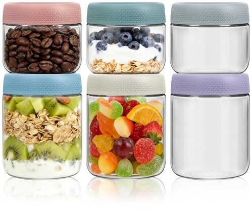 Gigmeta 6 Pack Tarros de Avena Nocturna,3 * 300 ml/3 * 500 ml tarros de vidrio reutilizables, con tapa de rosca, tarros de almacenamiento de vidrio de borosilicato para yogur, cereales, gachas