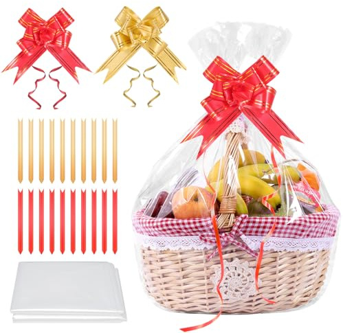 20 stycken klara PE presentpåsar – 50 × 70 cm stora platta presentpåsar, förtjockade presentkorgpåsar, transparent presentfolie med 20 blommor, transparent platt väska för presentkorgar