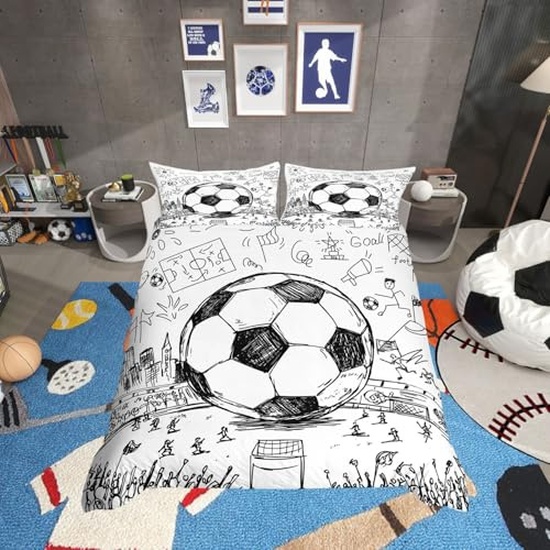 Homewish Kids Football Double Duvet Cover for Teenagers Boys - Black White Soccer Bedding Set with 2 Pillowcases - Hand Drawn Sketch Football Pattern Quilt Cover Gaming Reversible Bed Set