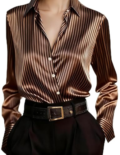 Dam, satin, kåpa hals, blus, elegant, långärmad, arbetsskjorta, topp för kvinnor, lös passform, v-ringad