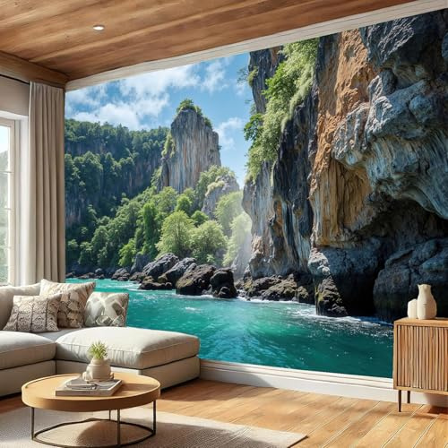 Papel Tapiz Fotográfico 3D Acantilados Y Vistas Al Mar 250 × 175 cm Papel Pintado Panorámico, Paisaje Natural Murales Decoración Pared Moderna para Cuarto de Niño, Salón, Oficina,Azur