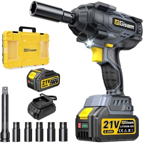 Gisam 1400N.m Clé à Choc Sans Fil Brushless avec 4.0Ah Batterie, 4 niveaux de puissance, 21V 1/2 Boulonneuse à Choc avec 5 Douilles à Chocs, pour la Voiture et la Maison (1 pile)