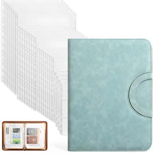 Porte-documents A4 avec classeur à anneaux, dossier de certificat en cuir synthétique avec 28 pochettes en plastique pour A4 B5 A5, classeur à 3 anneaux avec autocollants d'index pour bureau, école