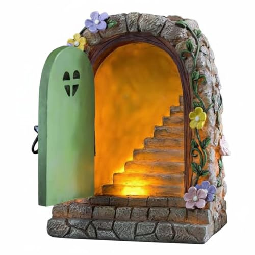 KiBcsLic Puerta de Hadas con Luz Solar Resistente a la Intemperie Escalera de Hadas Iluminada Mini Puerta Jardín con Luz para Patio, Maceta