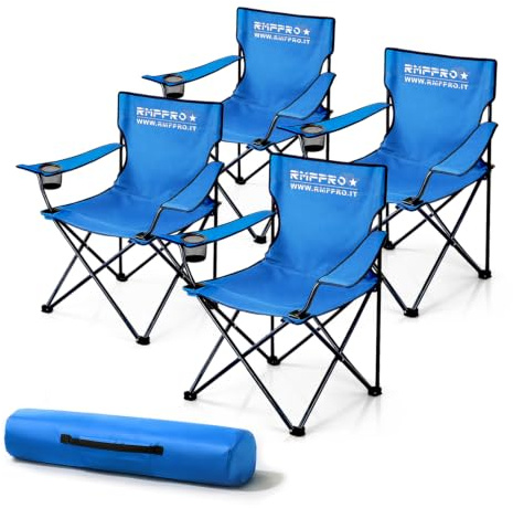 RMF PRO Set of 4 Folding Camping Chairs with Comfortable and Relaxing Seat, Beach Chair Portals with Cup Holder - Sea and Garden Chair, Lightweight Fabric Transportable Outdoor Chair Blue