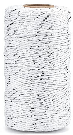 jijAcraft Silver White Cotton String: 100M Christmas String for Gift Wrapping, 2MM Durable Silver and White Cotton Twine for Crafts, Packing, Christmas Decorations