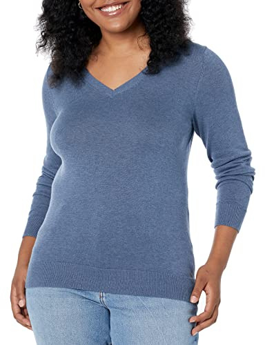 Amazon Essentials Women's Regular-Fit Lightweight Long-Sleeve V-Neck Sweater, Blue Heather, Medium