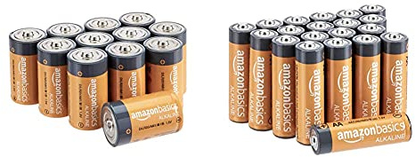 Amazon Basics Batterie alcaline Mono D, 1.5 volt, per uso quotidiano & Batterie alcaline AA 1.5 Volt, Performance, confezione da 20