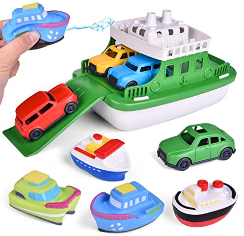 Toy Boat Bath Toys for Toddlers with 4 Mini Car Toys and 4 Bath Boat Squirters, Kids Ferry Boat for Bathtub Bathroom Pool Beach Toys
